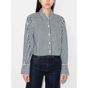 FRAME Cutoff Cropped Oversized Shirt Vertical Stripe Blue & White Extra Small